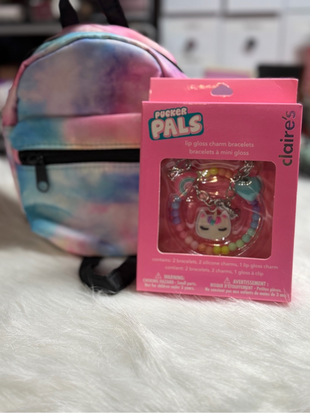 Claire's Mini Tie-Dyed Backpack & Pucker Pals Lip Gloss Charm Bracelets Set